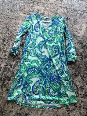Lilly Pulitzer Green and Blue Paisley V-Neck Long Sleeve Dress